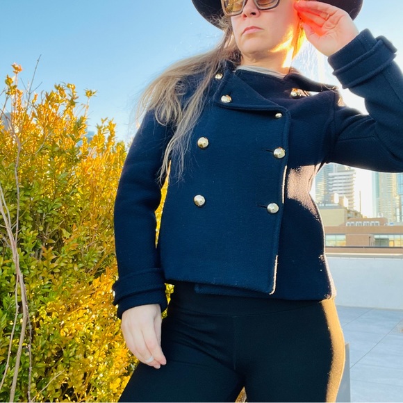 Coach 100% WOOL Gold Buttons Blazer Crop Thick Wool Windbreaker Blazer Pea Coat - Picture 12 of 17